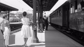 Movie still from “Girl with a Suitcase” (1961), directed by Valerio Zurlini – A black and white photo of people waiting at a train station; Wide shot, Low angle