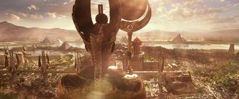 Movie still from “Gods of Egypt” (2016), directed by Alex Proyas – A view of a city from a window with a view of the ocean; Extreme Wide shot, High angle