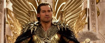 Movie still from “Gods of Egypt” (2016), directed by Alex Proyas – A person wearing a suit of armor; Close Up shot, Over the shoulder angle
