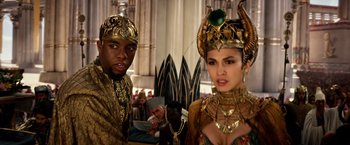 Movie still from “Gods of Egypt” (2016), directed by Alex Proyas – A man and a woman dressed in costume; Close Up shot, Over the shoulder angle
