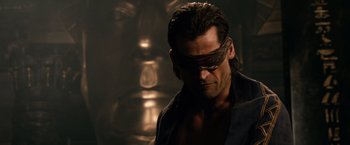 Movie still from “Gods of Egypt” (2016), directed by Alex Proyas – A person with a blindfold on; Close Up shot, Over the shoulder angle