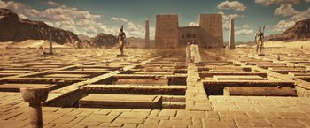 Movie still from “Gods of Egypt” (2016), directed by Alex Proyas – An image of an egyptian scene with a person in the background; Extreme Wide shot, High angle