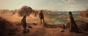 Movie still from “Gods of Egypt” (2016), directed by Alex Proyas – Two people standing on top of a mountain; Extreme Wide shot, High angle