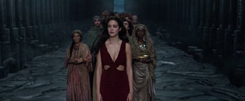 Movie still from “Gods of Egypt” (2016), directed by Alex Proyas – A group of people walking down a street; Medium shot, High angle