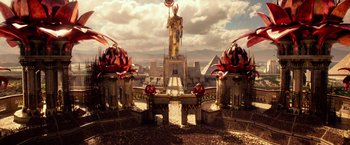 Movie still from “Gods of Egypt” (2016), directed by Alex Proyas – An image of a statue in the middle of the desert; Extreme Wide shot, High angle