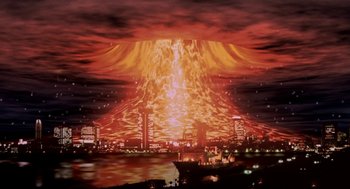 Movie still from “Godzilla vs. Destoroyah” (1995), directed by Ishirô Honda – A painting of a large explosion in a city; Extreme Wide shot, Low angle