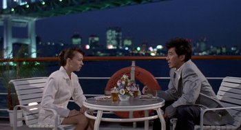Movie still from “Godzilla vs. Destoroyah” (1995), directed by Ishirô Honda – A man and a woman sitting at a table; Medium shot, High angle