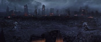 Movie still from “Godzilla: Final Wars” (2004), directed by Koji Hashimoto – An image of a city that has been destroyed; Extreme Wide shot, High angle
