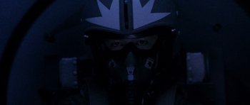 Movie still from “Godzilla: Tokyo S.O.S.” (2003), directed by Takao Okawara – A person wearing a helmet and a gas mask in the dark; Close Up shot, Low angle