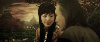 Movie still from “Goemon” (2009), directed by Kazuaki Kiriya – A woman with long black hair is looking at a man with long black hair; Close Up shot, Over the shoulder angle