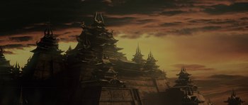 Movie still from “Goemon” (2009), directed by Kazuaki Kiriya – An image of an oriental building in the night sky; Extreme Wide shot, High angle
