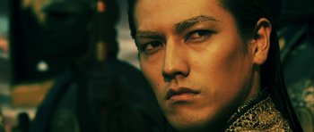 Movie still from “Goemon” (2009), directed by Kazuaki Kiriya – A man's eyes and face; Close Up shot, Low angle