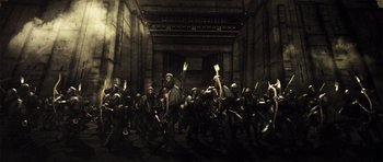 Movie still from “Goemon” (2009), directed by Kazuaki Kiriya – A group of people marching down a street; Wide shot, High angle