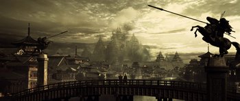 Movie still from “Goemon” (2009), directed by Kazuaki Kiriya – An artistic rendering of a city in the middle of the night; Extreme Wide shot, High angle