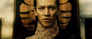 Movie still from “Goemon” (2009), directed by Kazuaki Kiriya – A person wearing a neck scarf; Close Up shot, Low angle