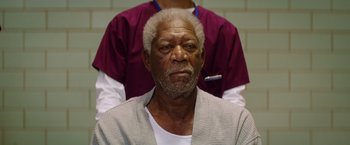 Movie still from “Going in Style” (2017), directed by Zach Braff – An older man with a gray beard and a white shirt; Close Up shot, Low angle