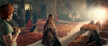 Movie still from “Goliyon Ki Raasleela Ram Leela” (2013), directed by Sanjay Leela Bhansali – A woman standing in front of a room filled with lots of red peppers; Wide shot, High angle