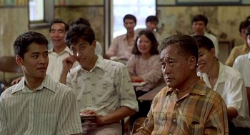 Movie still from “Good Morning, Vietnam” (1987), directed by Barry Levinson – A group of people sitting in a room; Medium shot, Over the shoulder angle
