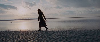 Movie still from “To the Wonder” (2012), directed by Terrence Malick – A woman walking on the beach in the sand; Extreme Wide shot, Low angle