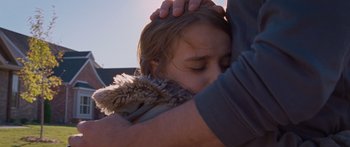 Movie still from “To the Wonder” (2012), directed by Terrence Malick – A person holding a child's head with their arms around it; Close Up shot, Over the shoulder angle