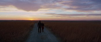 Movie still from “To the Wonder” (2012), directed by Terrence Malick – A man and a woman walking down a dirt road at sunset; Extreme Wide shot, High angle