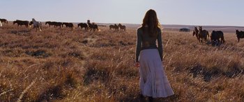 Movie still from “To the Wonder” (2012), directed by Terrence Malick – A woman standing in the middle of a field with horses; Wide shot, Low angle