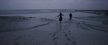 Movie still from “To the Wonder” (2012), directed by Terrence Malick – A man and a woman are walking on the beach; Wide shot, High angle