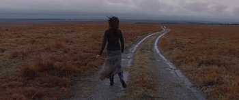 Movie still from “To the Wonder” (2012), directed by Terrence Malick – A woman walking down a dirt road in the middle of a field; Wide shot, Low angle