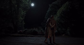 Movie still from “Goodbye Christopher Robin” (2017), directed by Simon Curtis – A man and a woman standing next to each other in front of a full moon; Wide shot, Low angle