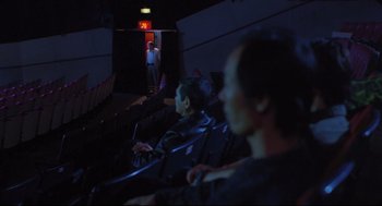 Movie still from “Goodbye, Dragon Inn” (2003), directed by Tsai Ming-liang – A man standing in a dark room next to two people; Wide shot, High angle