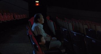 Movie still from “Goodbye, Dragon Inn” (2003), directed by Tsai Ming-liang – An older man and a young boy sitting in a movie theater; Wide shot, High angle