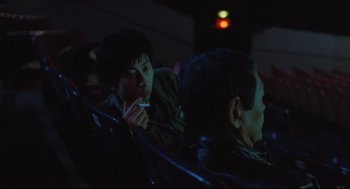 Movie still from “Goodbye, Dragon Inn” (2003), directed by Tsai Ming-liang – A man and a woman sitting next to each other in a movie theater; Medium shot, Over the shoulder angle