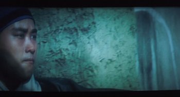 Movie still from “Goodbye, Dragon Inn” (2003), directed by Tsai Ming-liang – A picture of a room with a green wall; Extreme Close Up shot, Low angle
