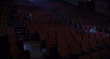 Movie still from “Goodbye, Dragon Inn” (2003), directed by Tsai Ming-liang – An empty auditorium with rows of red seats; Extreme Wide shot, High angle