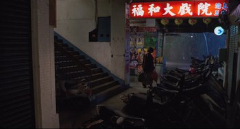 Movie still from “Goodbye, Dragon Inn” (2003), directed by Tsai Ming-liang – A woman walking down the stairs of a store; Wide shot, High angle