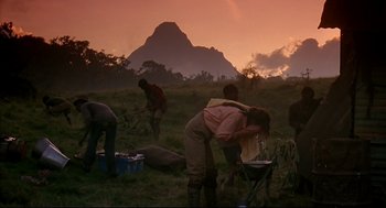 Movie still from “Gorillas in the Mist” (1988), directed by Michael Apted – A group of people standing in a grassy field; Wide shot, Low angle