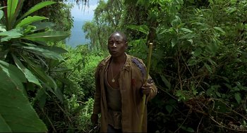 Movie still from “Gorillas in the Mist” (1988), directed by Michael Apted – A man holding a stick in the forest; Medium shot, Low angle
