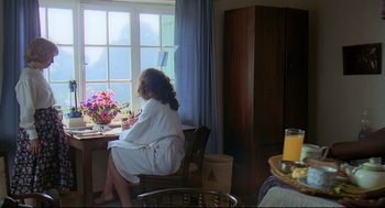 Movie still from “Gorillas in the Mist” (1988), directed by Michael Apted – A woman sitting at a table in front of a window; Wide shot, High angle