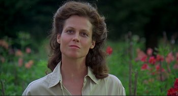 Movie still from “Gorillas in the Mist” (1988), directed by Michael Apted – A person with long hair; Close Up shot, Low angle