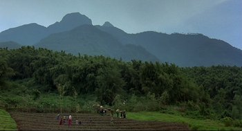 Movie still from “Gorillas in the Mist” (1988), directed by Michael Apted – A group of people standing in a field near a forest; Extreme Wide shot, High angle