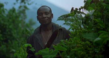 Movie still from “Gorillas in the Mist” (1988), directed by Michael Apted – A man standing next to a bunch of plants; Medium shot, Low angle