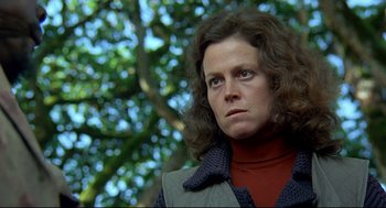 Movie still from “Gorillas in the Mist” (1988), directed by Michael Apted – A person with long hair; Close Up shot, Low angle