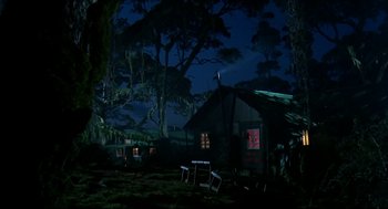 Movie still from “Gorillas in the Mist” (1988), directed by Michael Apted – A cabin in the middle of a forest at night; Extreme Wide shot, Low angle