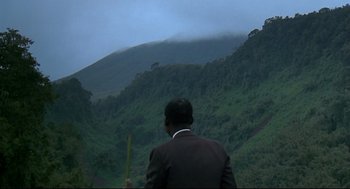 Movie still from “Gorillas in the Mist” (1988), directed by Michael Apted – A man standing in front of a lush green hillside; Extreme Wide shot, High angle