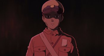 Movie still from “Grave of the Fireflies” (1988), directed by Isao Takahata – An animated picture of a person wearing a uniform; Close Up shot, Low angle