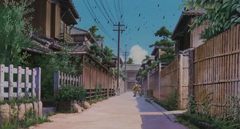 Movie still from “Grave of the Fireflies” (1988), directed by Isao Takahata – A painting of an alley way in a japanese city; Extreme Wide shot, Low angle