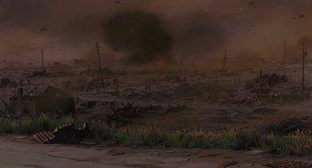 Movie still from “Grave of the Fireflies” (1988), directed by Isao Takahata – An image of an explosion in the middle of a field; Extreme Wide shot, Low angle
