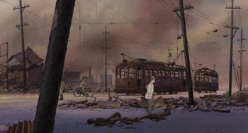 Movie still from “Grave of the Fireflies” (1988), directed by Isao Takahata – An illustration of a train and a person standing in the middle of a street; Wide shot, High angle