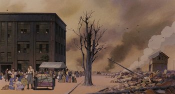 Movie still from “Grave of the Fireflies” (1988), directed by Isao Takahata – An oil painting of people walking on the street near a tree; Extreme Wide shot, Low angle