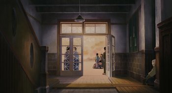 Movie still from “Grave of the Fireflies” (1988), directed by Isao Takahata – A group of people standing in front of an open door; Extreme Wide shot, Low angle